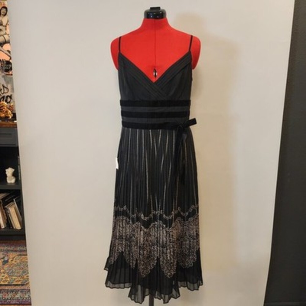 NWT Ann Taylor LOFT Black Pleated Midi Cocktail Dress Size 8 Velvet Ribbon Bow